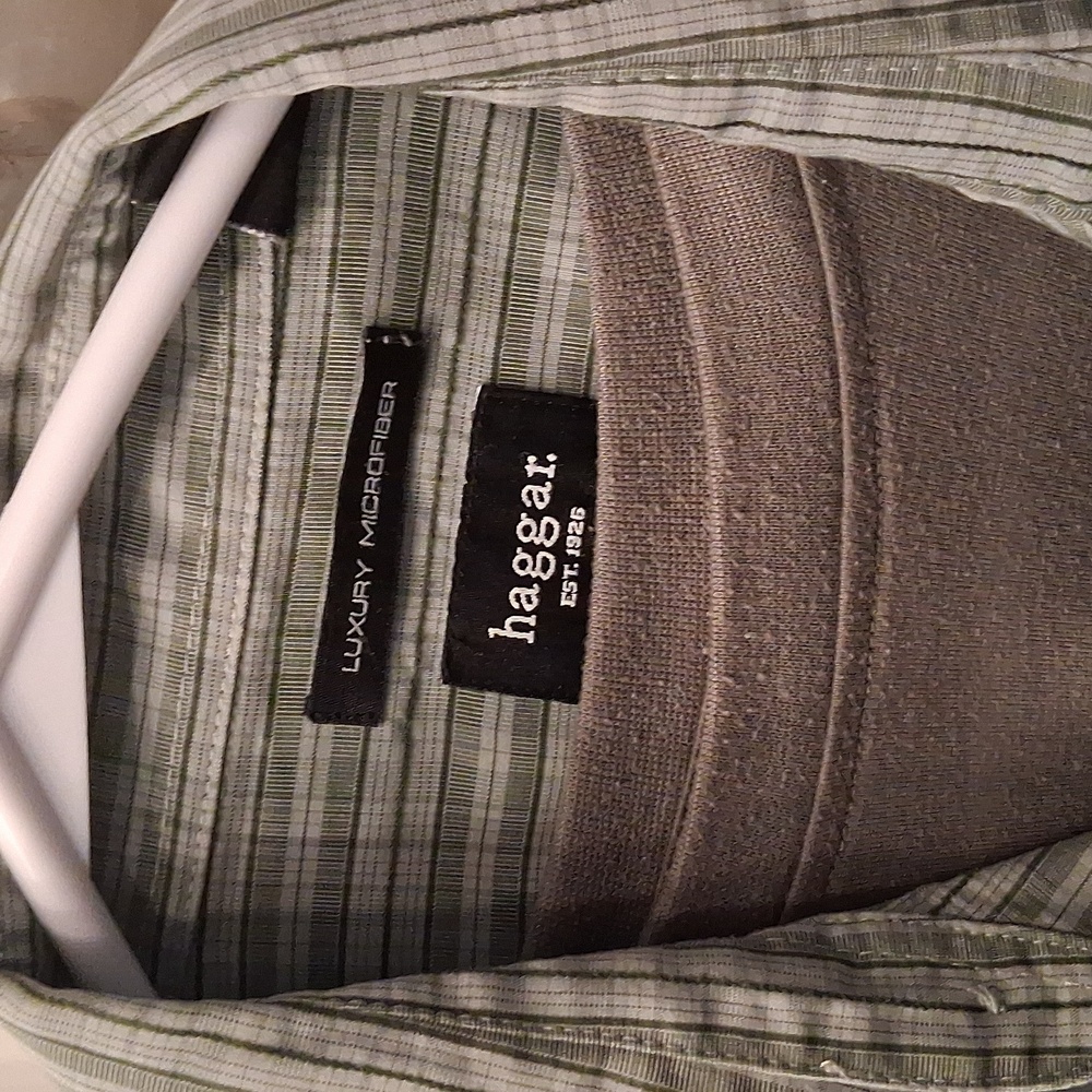 Haggar Olive Striped Shirt And Olive Green T-shirt Under